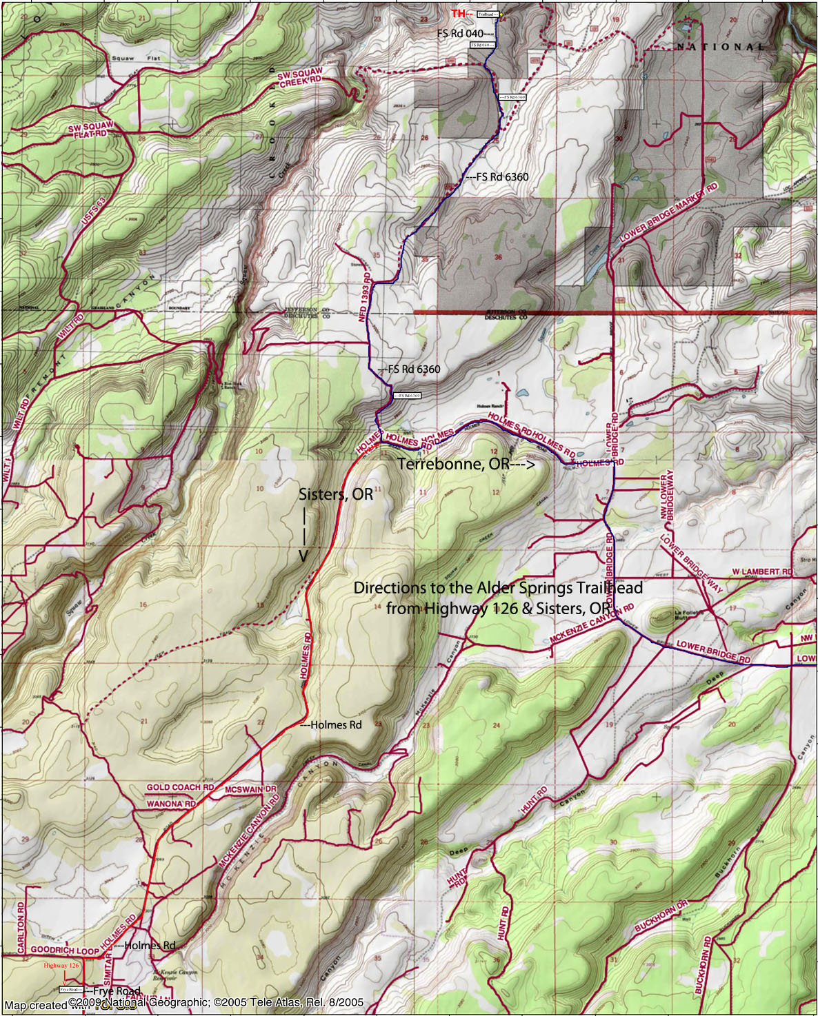 Map-Directions to Alder Springs Trailhead from Sisters and OR Highway 126