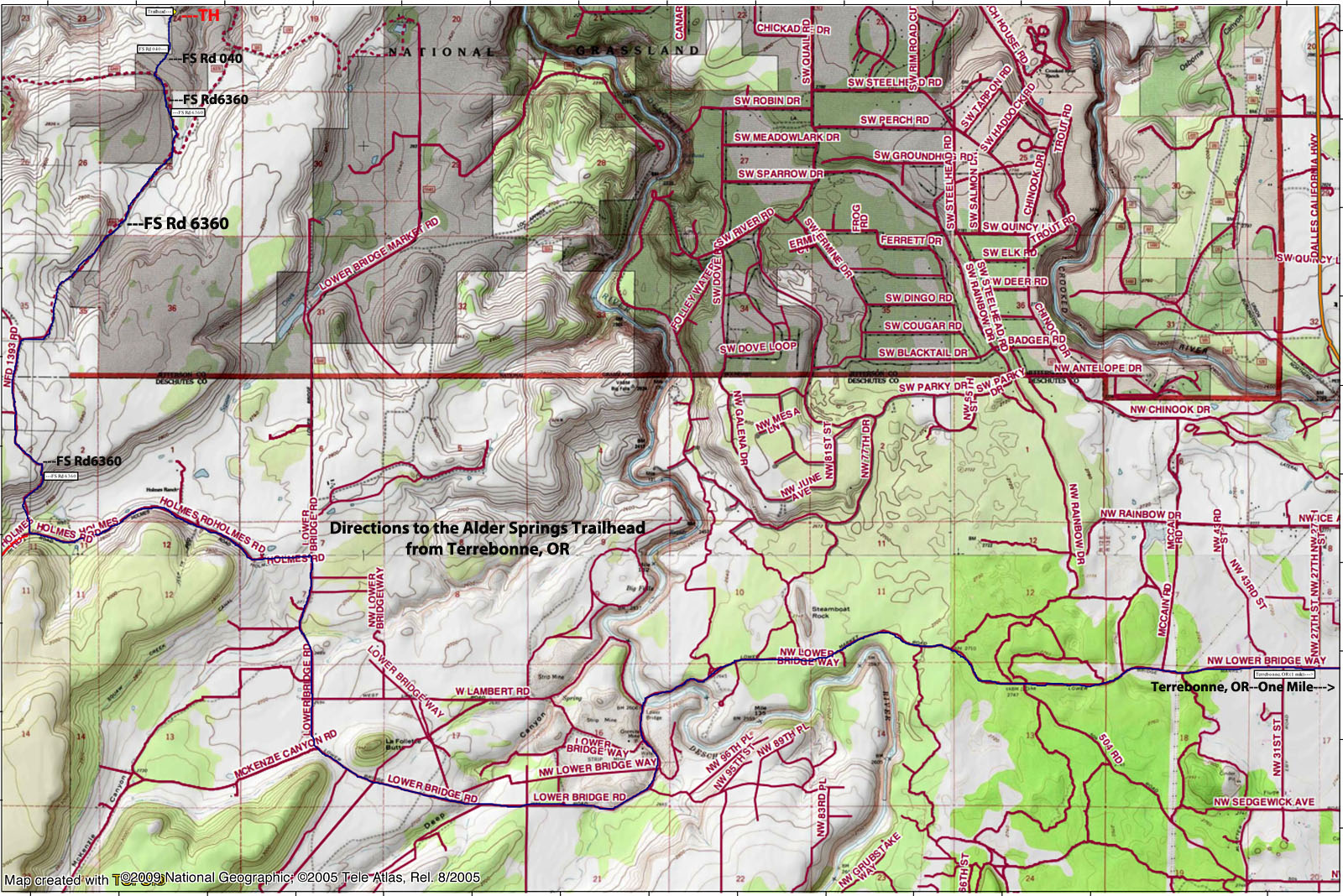 Map - Directions to the Alder Springs Trailhead from US 197 at Terrebonne, OR.